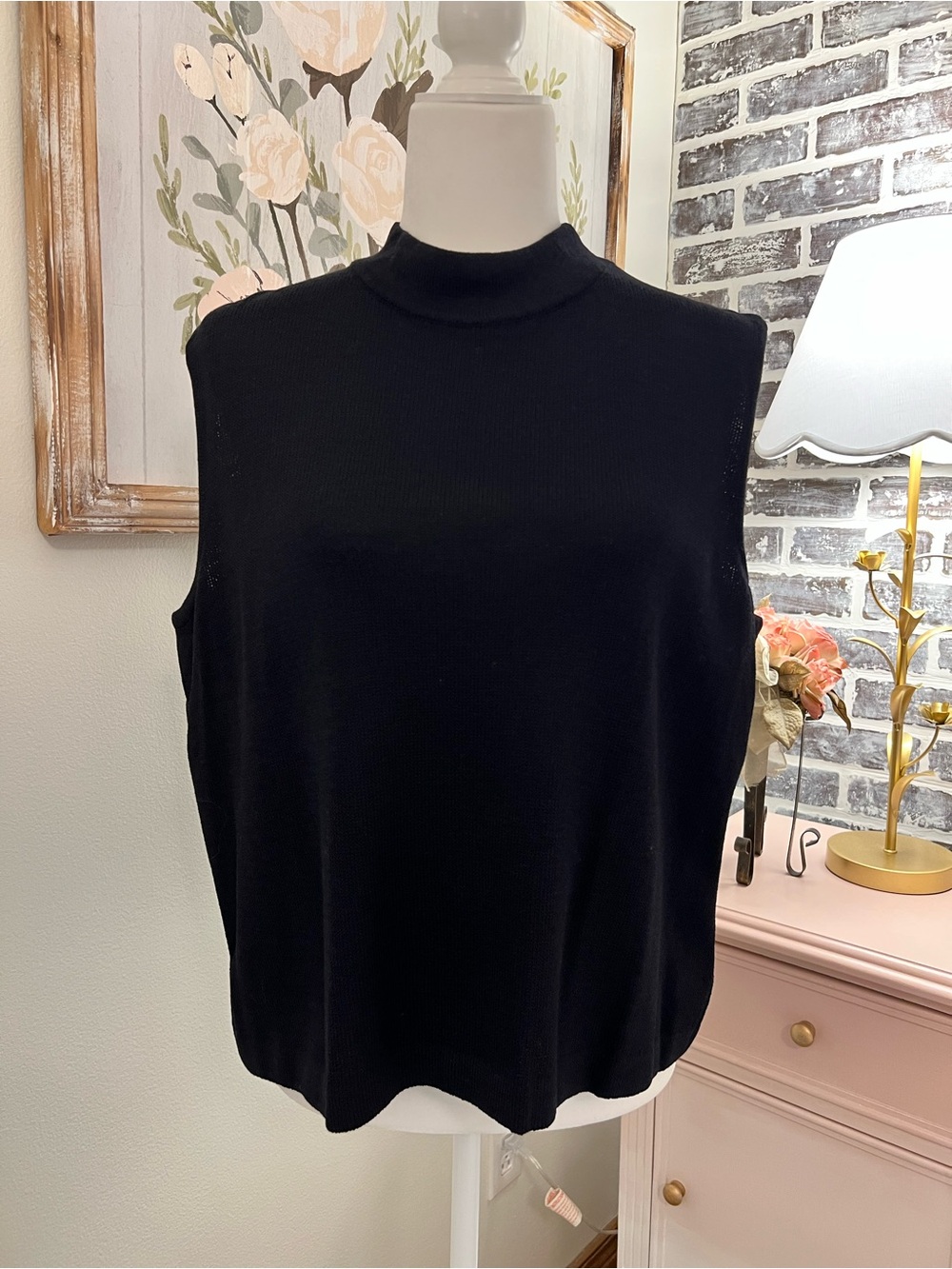 NWT St. John Black Wool Mock Neck Shell Top XL $350 MSRP